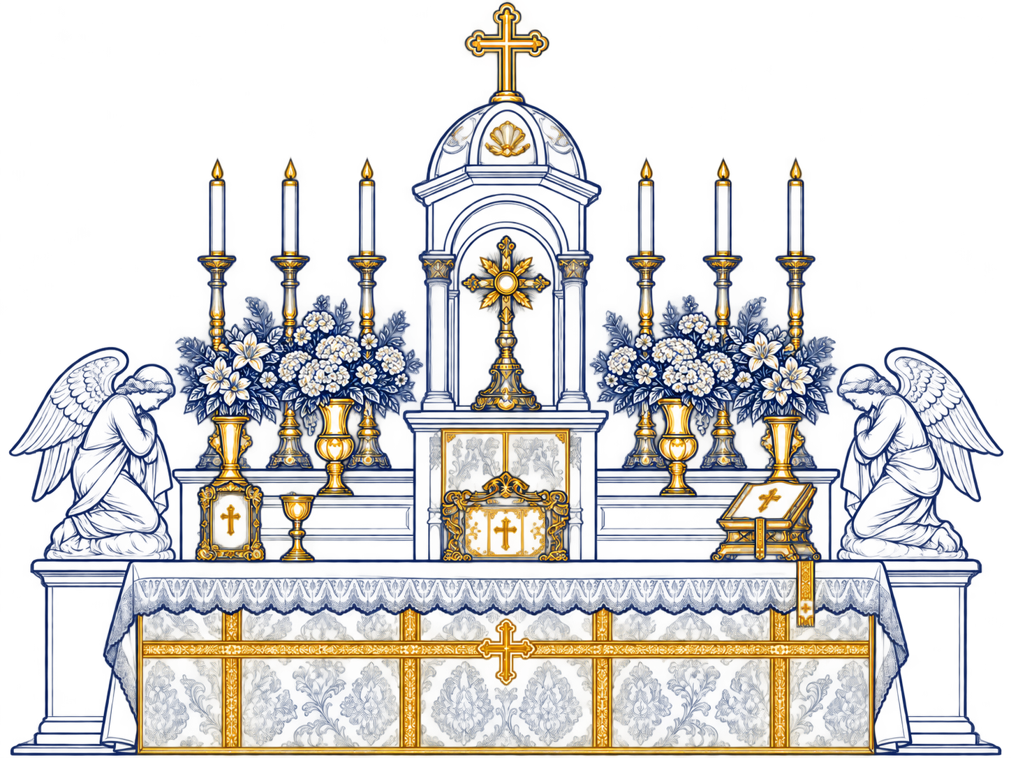 Traditional Catholic altar with tabernacle, candles, and adoring angels